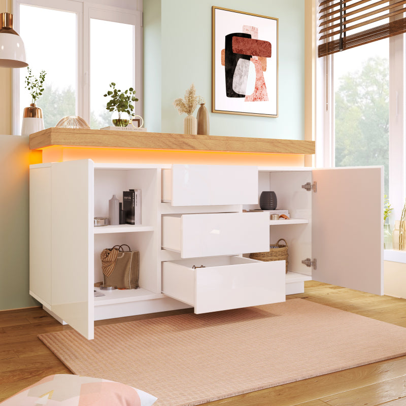 Kommode, Hochglanz Sideboard mit 2 Türen und 3 Schubladen, LED Beleuchtung (App Control), Mehrzweckschrank für Wohnzimmer und Schlafzimmer, 81 x 140 x 39 cm, Weiß
