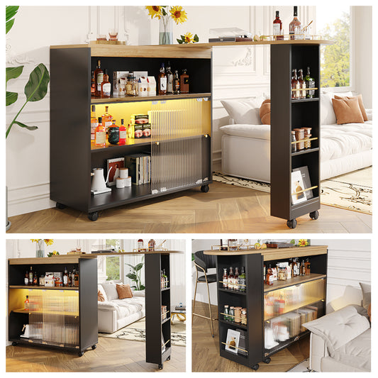 Produkttitel:  Bartisch ausziehbar 138-204cm, fahrbarer Stehtisch mit LED & Changhong-Glas, Küchentisch mit Rollen & Stauraum, Bistro Table, Schwarz