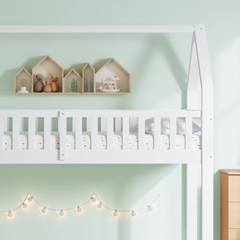 [29994142WAA]Etagenbett, Hausbett mit Treppe, Kinderbett mit Fallschutz und Gitter, Rahmen aus Kiefer, weiß (90x200&140*190cm)