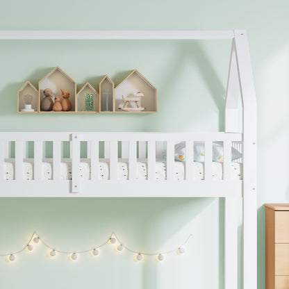 [29994142WAA]Etagenbett, Hausbett mit Treppe, Kinderbett mit Fallschutz und Gitter, Rahmen aus Kiefer, weiß (90x200&140*190cm)