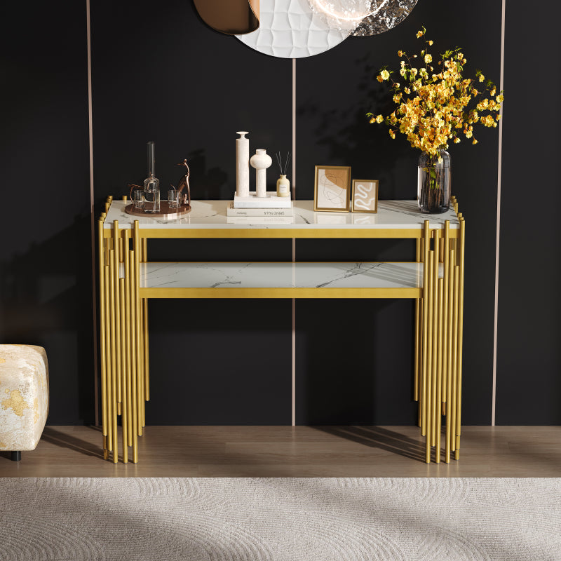 Mid-Century Modern Wohnzimmer Beistelltisch, Konsolentisch, weißer Korpus mit goldenen Beinen, doppellagiges MDF, belastbar bis 40 kg