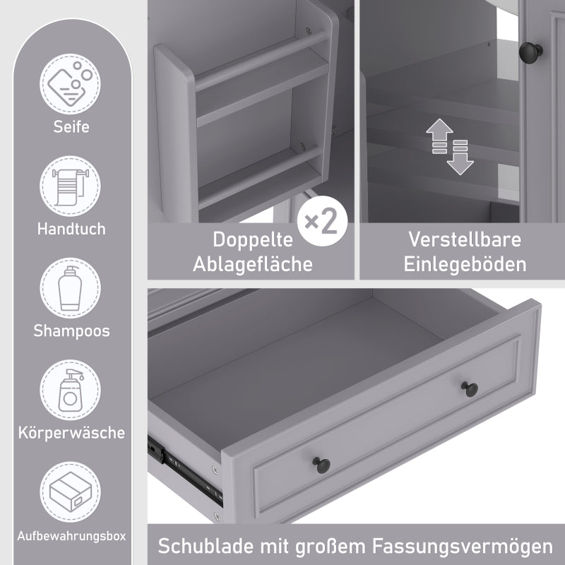 76x46x87cm Bodenstehender Badezimmerschrank mit Waschbeck, Waschtisch,Beine aus Massivholz, MDF-Material, feuchtigkeits- und wasserdicht, großer Stauraum, integriertes Keramikwaschbecken, Grau