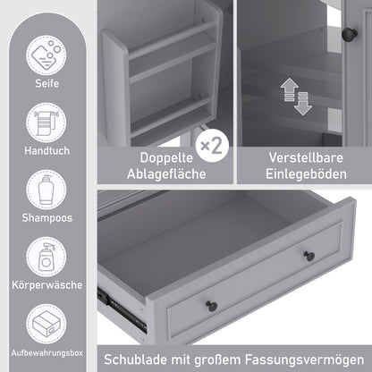 76x46x87cm Bodenstehender Badezimmerschrank mit Waschbeck, Waschtisch,Beine aus Massivholz, MDF-Material, feuchtigkeits- und wasserdicht, großer Stauraum, integriertes Keramikwaschbecken, Grau