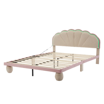 Polsterbett mit mehrfarbigen, wechselnden Lichtstreifen, Kopfteil mit Wellenschliff, mit gepolsterter runden Beine, Kinderbett, Jugendbett mit Holzlatten, Doppelbett, Samt, Beige+Rosa, 140x200cm