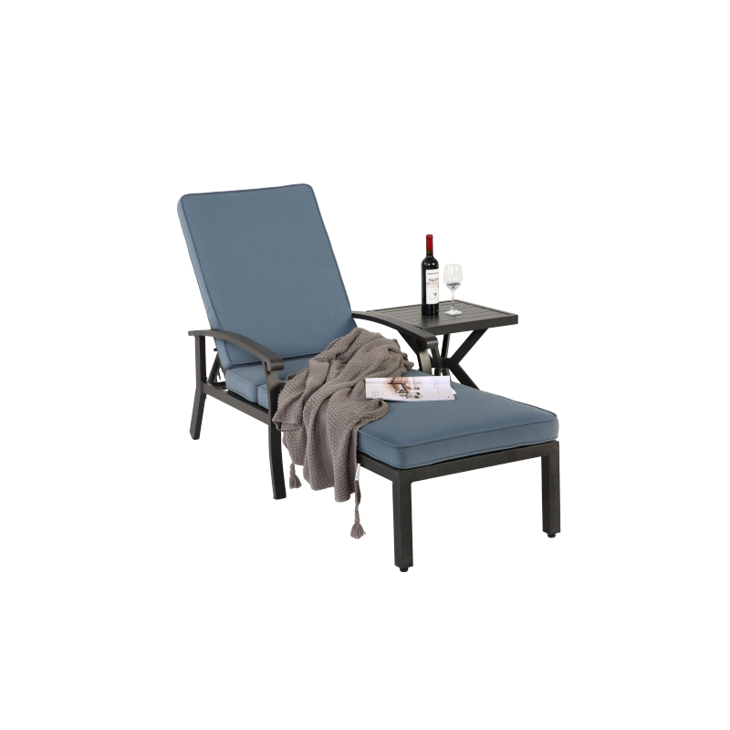 Lounge Patio Chair with Cotton Cushion, Adjustable Reclining Rust-Resistant Aluminum  Poolside Chaise Lounge Furniture, Waterproof Blue Cushion (1pc)