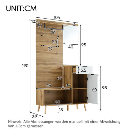 Multifunktionales Garderobenset aus Holz mit Spiegel, Schuhbank, Schuhschrank, Schublade, Regal und Kleiderhaken – Modernes Design mit hydraulischen Scharnieren und praktischem Stauraum
