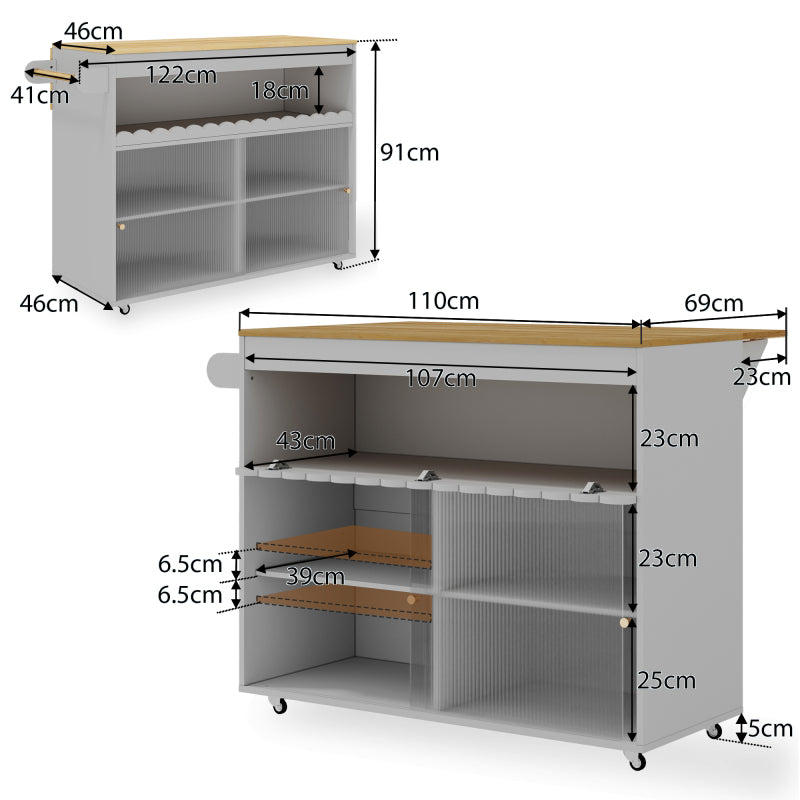 122 x 46(69) x 91cm, klappbarer Kücheninselwagen, Arbeitsplatte aus Eichenholzfurnier, Schiebetüren aus gehärtetem Glas, verstellbare Einlegeböden, Handtuchhalter, großer Kücheninselwagen