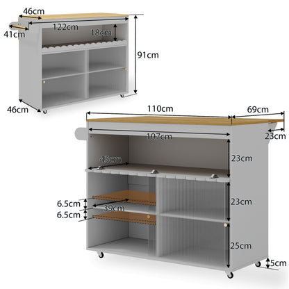 122 x 46(69) x 91cm, klappbarer Kücheninselwagen, Arbeitsplatte aus Eichenholzfurnier, Schiebetüren aus gehärtetem Glas, verstellbare Einlegeböden, Handtuchhalter, großer Kücheninselwagen
