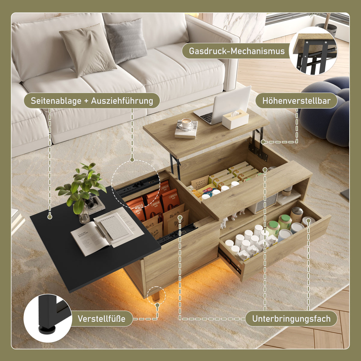 Couchtisch mit LED-Beleuchtung, Tischplatte höhenverstellbar, Holzoptik/Schwarz