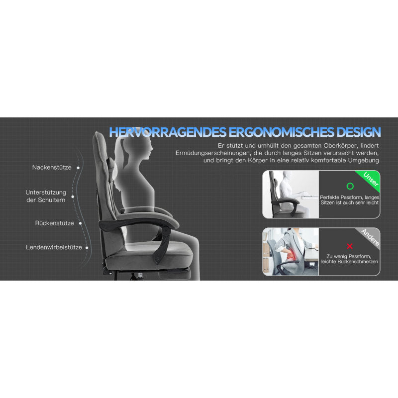 Gaming Stuhl Stoff, Ergonomischer Gaming Chair mit Fußstütze, Verstellbarer Racing Computerstuhl mit Lordosenstütze, Grau Ergonomisch PC-Stuhl