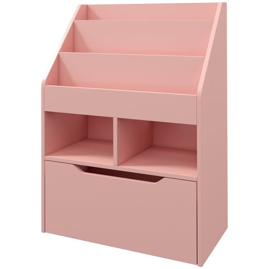 Kinder Bücherregal Kinderregal mit Schublade, 3 Ablagefächern und 2 offenen Fächern, Aufbewahrungsregal für Kinderzimmer, Spielzimmer, Rosa