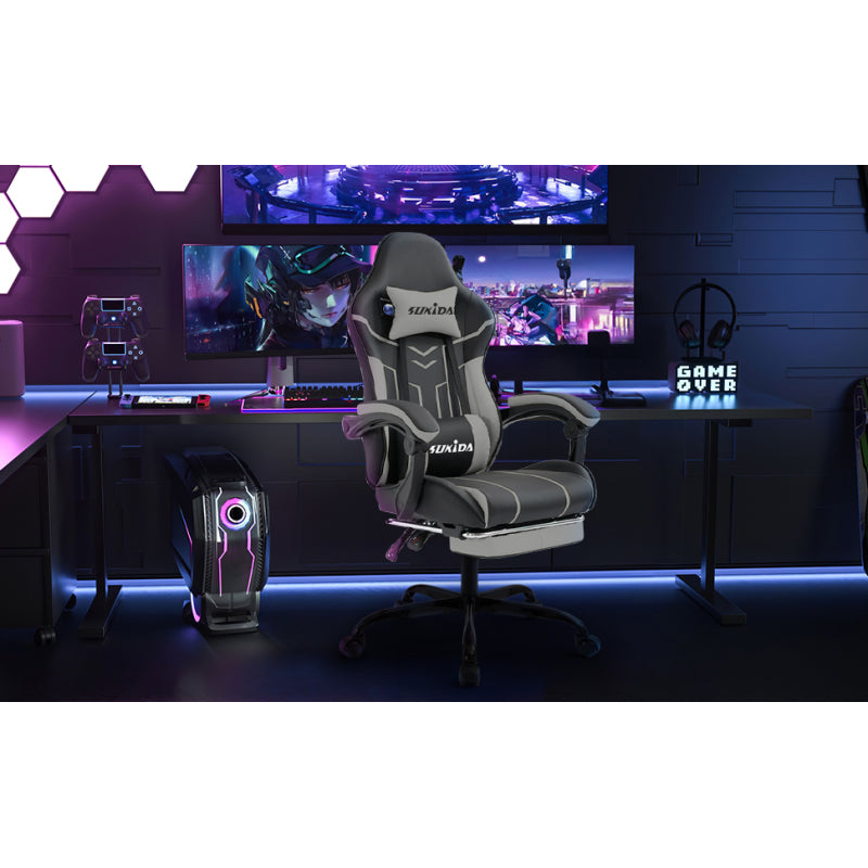 Gaming Stuhl Computerstuhl Ergonomischer Gaming Chair mit Fußstütze Bürostuhl Ergonomischer Computerstuhl mit Lendenwirbelstütze BlackGrey