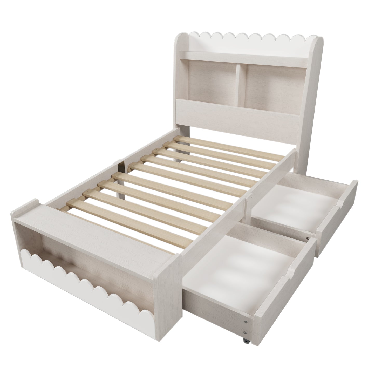 Kinderbett Einzelbett Stauraumbett mit Schubladen, Regal und Sitzbank mit Stauraum, Holzbett 90x200 cm, Weiß mit Eichefarben (Ohne Matratze)