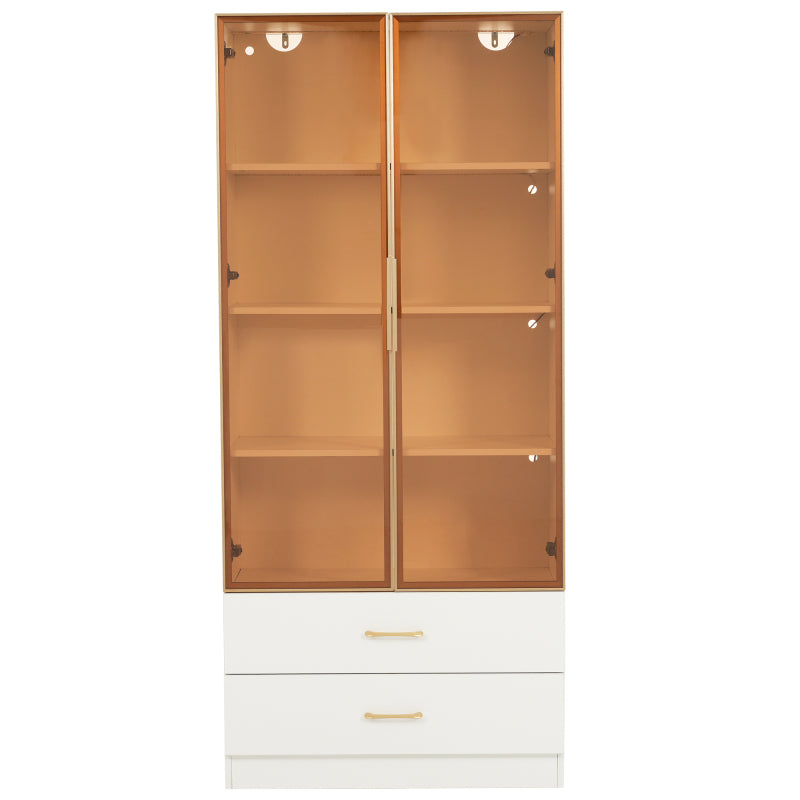 Badezimmerschrank, mittel, mit Lichtleiste, 75 cm breit, mit 2 großen Schubladen und 2 Türen, Glastür