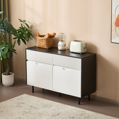 Aufbewahrungsschrank 120cm mit geriffelten Schubladen, schwarz-weißes Design, verstellbare Einlegeböden, 2 Türen, Sideboard-Buffet, Schrank-Organisator für Küche, Wohnzimmer, Esszimmer