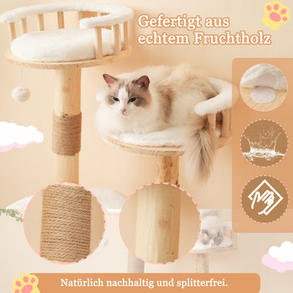 Designer Katzenklettergerüst aus Massivholz - 98 cm hoch, 3-stufiges Sprungbrett, abnehmbare Kissen und Spielbälle, Wolkenoptik-Imitation - Natürlich, umweltfreundlich, nachhaltige Nutzung, Katzenklet