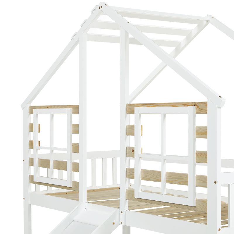 Etagenbett, Holzbett mit Treppe und Gitter, mit Rutsche und Fenster, Blockhaus Kinderbett mit Absturzsicherung, Bettrahmen aus Massivholz, Weiß(90x200 cm)