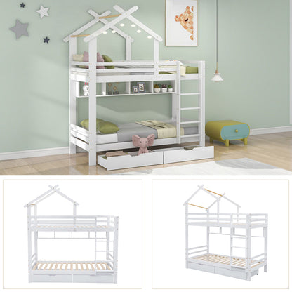 Etagenbett mit Schubladen und Regalen, Hausbett mit dreistufige rechtwinklige Leiter, Kinderbett mit Fallschutz und Gitter, Rahmen aus Kieferholz, Weiß (90x200cm)