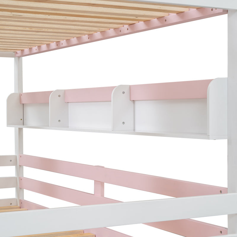 Etagenbett, Prinzessinnenbett, Kinderbett, Kinderbett mit Dach und Fenster, mit Fallschutzgitter, stabiles Geländer, Zwei Schubladen mit Rollen, Offenes Regal, Reichlich Stauraum, Kiefer+MDF,Weiß+Rose