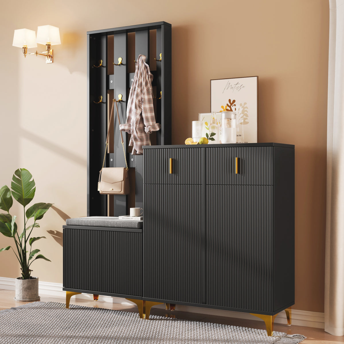 Garderoben-Set mit Schuhschrank & Sitzbank, Wellenfront, Push-to-Open, goldene Haken & Füße, Schwarz