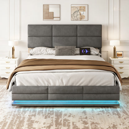 160 x 200 cm Bettgestell aus weichem Samt mit USB Type C Ladefunktion und LED Beleuchtung, Hydrauliksystem Stauraum Bettgestell aus Samtmaterial Jugendbett mit Lattenrost, Grau