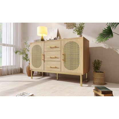 Rattan kommode mit 3-Schubladen und 2-Rattan-Türer,kommode schrank, Schminktisch, für Schlafzimmer und Wohnzimmer, Verstellbare Regale, Kippschutz, 120 x 40 x 74 cm, Sonoma Eiche