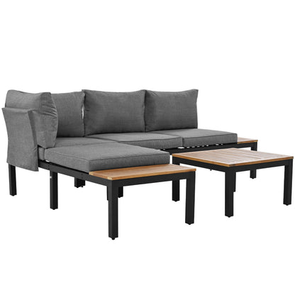 Garten-Lounge-Set (2 Zweisitzer, 2 Beistelltische, 1 Tisch), Tischplatte aus massiver Akazie, Stoffbezug für Rückenlehne, grau(previous sku:HW00005AAE)