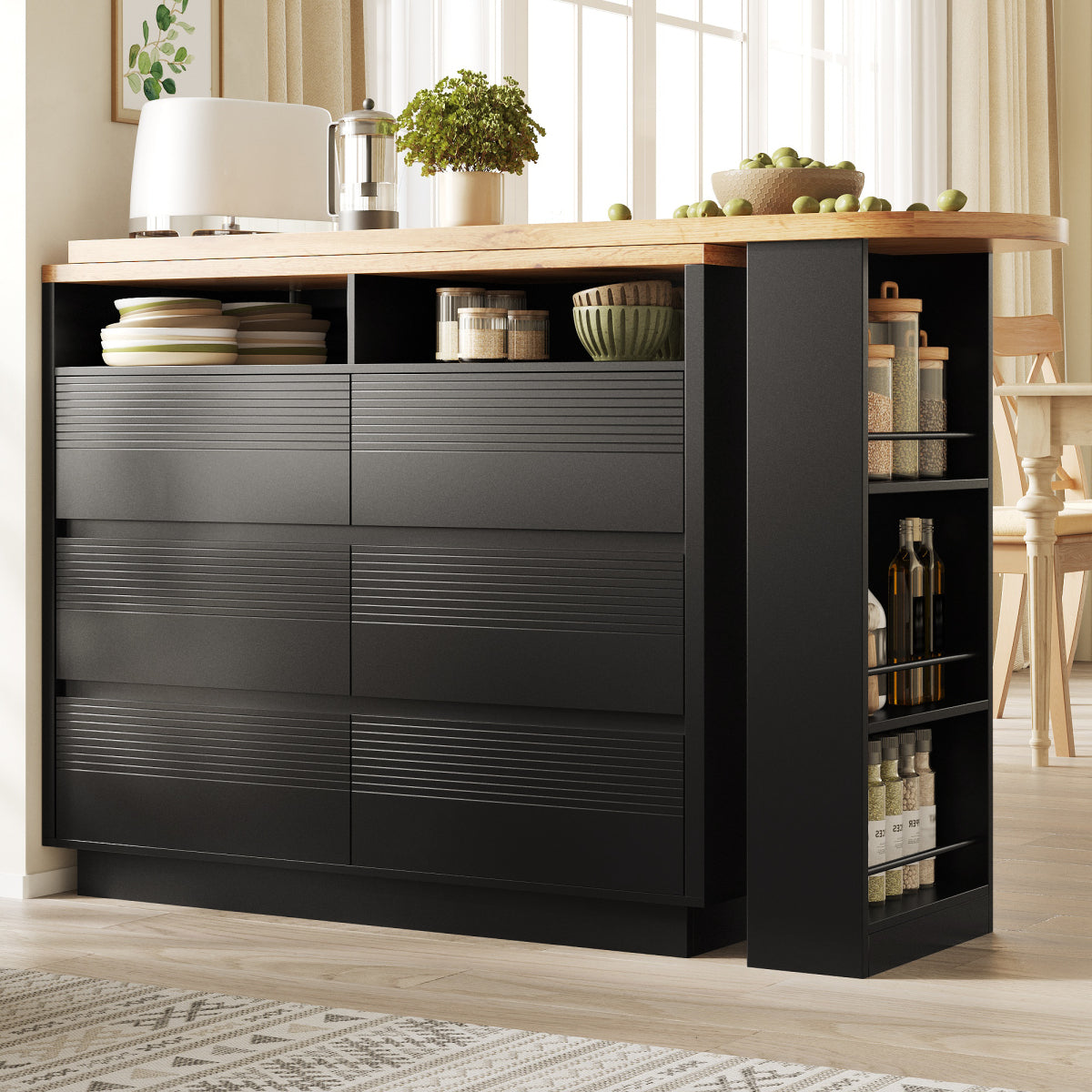 Ausziehbarer Bartisch (137-215cm) - Moderner Teleskop-Hochtisch mit 6 Schubladen & Stauraum - Bewegliche Kücheninsel, Stehtisch & Bistrotisch