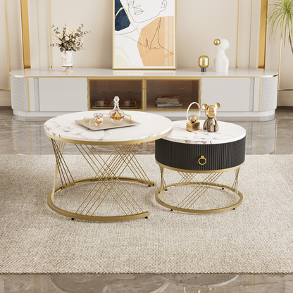 Eleganter zusammensetzbarer Couchtisch: Marmoroptik, Golddekor, Beistelltisch mit Schubladen – 2er-Set