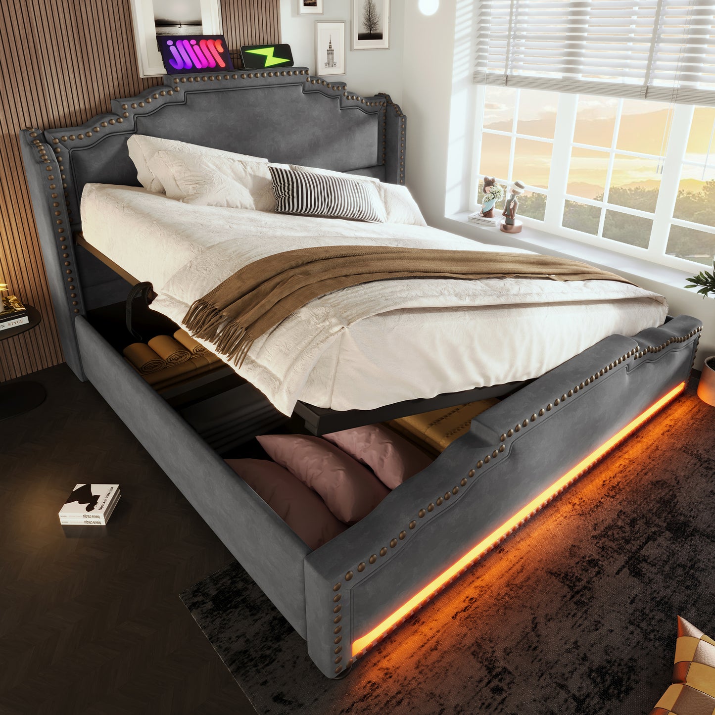 Polsterbett 160x200, Doppelbett mit hydraulischem Stauraum, LED-Beleuchtung und USB-C-Ladeanschluss, Stauraumbett und Jugendbett mit Lattenrost, Samt, Grau, ohne Matratze