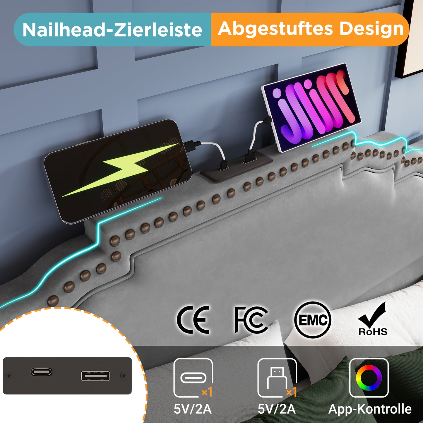 Polsterbett 140x200, Doppelbett mit hydraulischem Stauraum, LED-Beleuchtung und USB-C-Ladeanschluss, Stauraumbett und Jugendbett mit Lattenrost, Samt, Grau, ohne Matratze