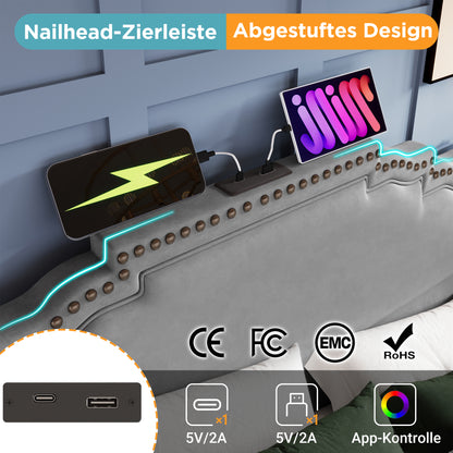 Polsterbett 140x200, Doppelbett mit hydraulischem Stauraum, LED-Beleuchtung und USB-C-Ladeanschluss, Stauraumbett und Jugendbett mit Lattenrost, Samt, Grau, ohne Matratze