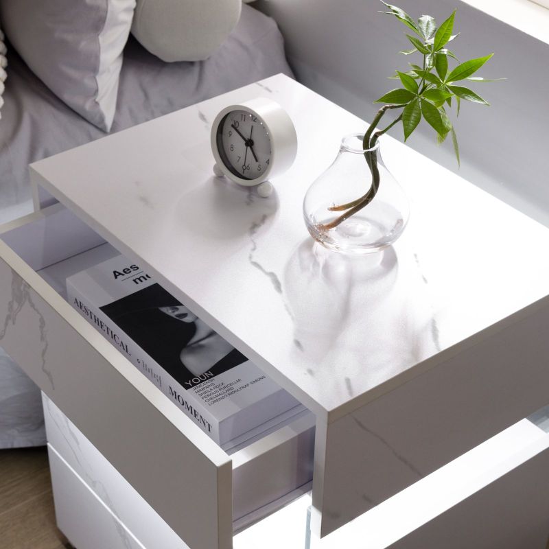 LED Nightstands 3 Drawer Dresser for Bedroom End Table with Acrylic Board LED Bedside Tables for Bedroom Living Room Bedside Furniture (White Stone)