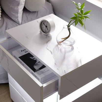 LED Nightstands 3 Drawer Dresser for Bedroom End Table with Acrylic Board LED Bedside Tables for Bedroom Living Room Bedside Furniture (White Stone)