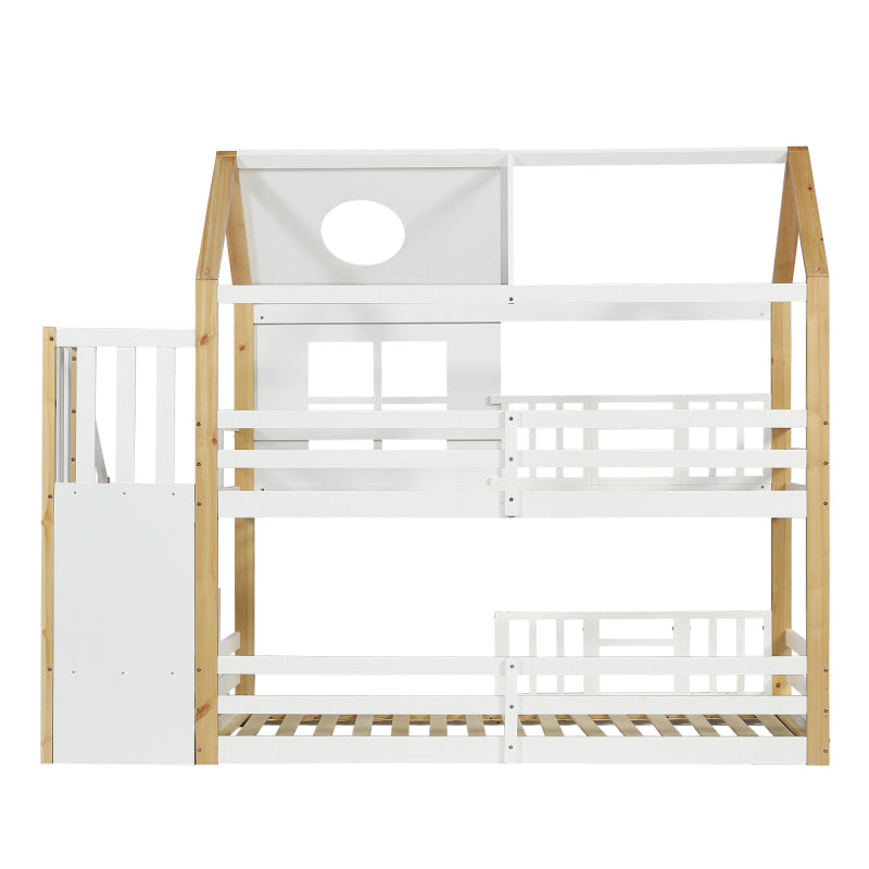 Etagenbett mit Aufbewahrungstreppe, Hausbett, Kinderbett, mit Fallschutzgitter, mit Fenster und Dach, Kiefer+MDF, Weiß+Natur, 90x200cm