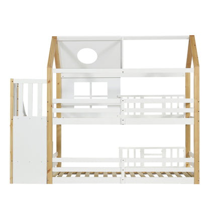 Etagenbett mit Aufbewahrungstreppe, Hausbett, Kinderbett, mit Fallschutzgitter, mit Fenster und Dach, Kiefer+MDF, Weiß+Natur, 90x200cm