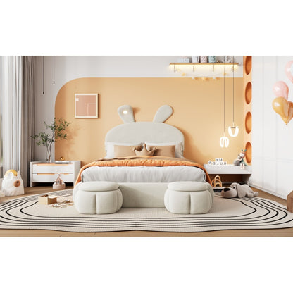 Polsterbett, Doppelbett, hydraulisches Bett, Hasenohren mit einstellbarer Helligkeit warmfarbenen Lichtstreifen, Stauraum unter dem Bett, zwei Aufbewahrungshockern, Samt, Beige, 140x200cm