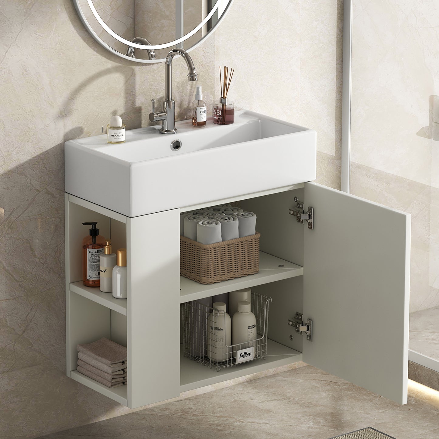 Waschbecken mit Waschtischunterschrank, Waschtischunterschrank , Waschtischunterschrank hängend hellgrau , Kleine Gästebad Möbel, White