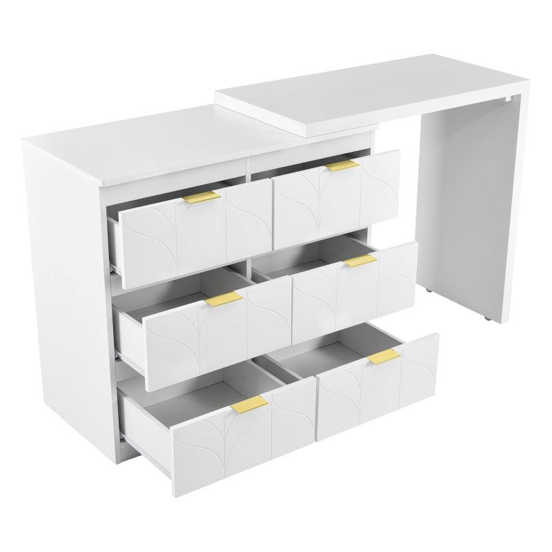 Schminktisch mit Beistelltisch,Bürotisch mit 6 Schubladen,Vergoldeten Griffen,drehbare Tischplatte(180°),lackiert,Blumenmuster,stoßfeste abgerundete Ecken,40T*73H,Weiß (ohne Spiegel und Hocker)
