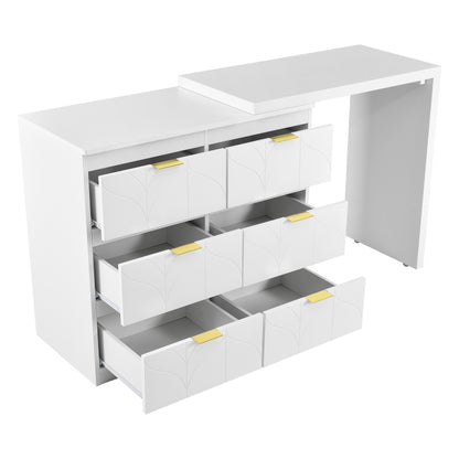 Schminktisch mit Beistelltisch,Bürotisch mit 6 Schubladen,Vergoldeten Griffen,drehbare Tischplatte(180°),lackiert,Blumenmuster,stoßfeste abgerundete Ecken,40T*73H,Weiß (ohne Spiegel und Hocker)
