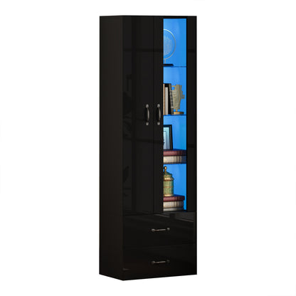 Schwarze LED-Vitrine mit 2 Glastüren - Standvitrine inkl. Beleuchtung, Freistehender Schrank für Wohnzimmer, Buffetschrank & Sammlervitrine, Schwarz