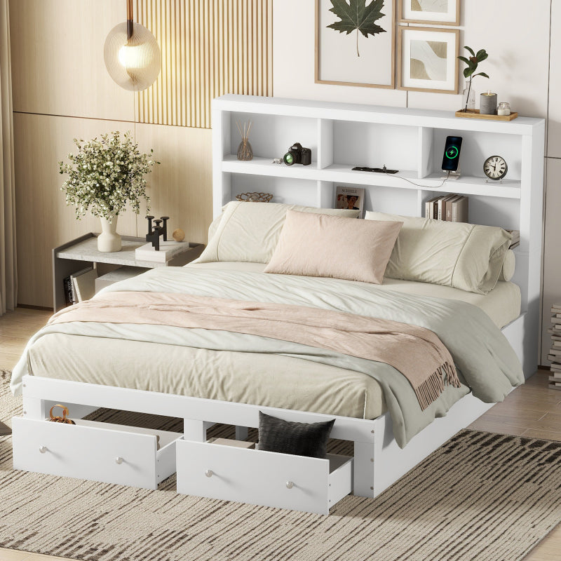 160*200cm Doppelbett, Kingsize-Plattformbett mit zwei Schubladen am Fußende des Bettes, Kopfteil mit Stauraum, Weiß