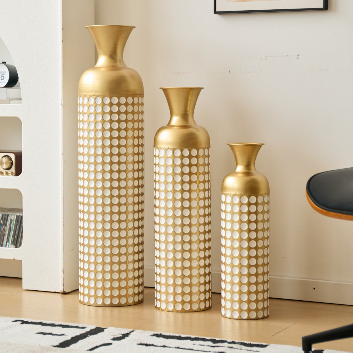 Bodenvase 3er Set Gold, Metallvase Punkte, Vintage Dekovase 83 cm, Übertöpfe groß, Standvase Gold