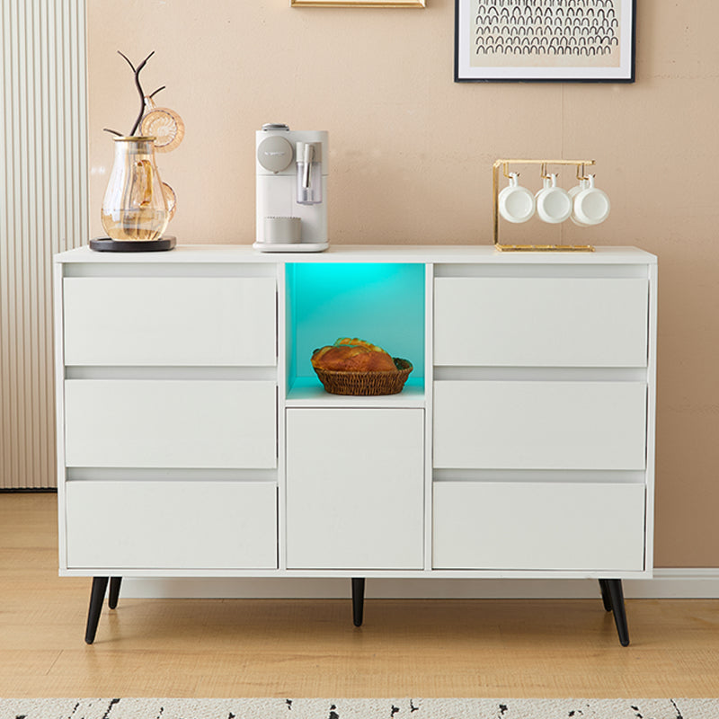 Modernes weißes Sideboard mit LED-Beleuchtung, 6 geräuschlosen Schubladen, Push-Open-Türen, Hochglanzlackierung, mattschwarzen Metallbeinen, 120x40x80 cm – ideal für Küchen, Ess- und Wohnbereiche