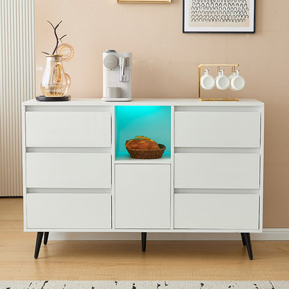 Modernes weißes Sideboard mit LED-Beleuchtung, 6 geräuschlosen Schubladen, Push-Open-Türen, Hochglanzlackierung, mattschwarzen Metallbeinen, 120x40x80 cm – ideal für Küchen, Ess- und Wohnbereiche