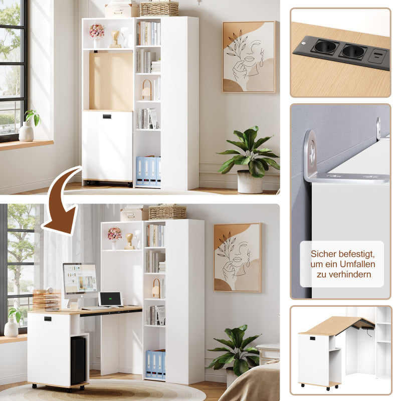 Klappbarer Schreibtisch mit Ablagen –2-in-1-Bücherregal und Schreibtisch, klappbar, mit Steckdose und USB-Anschluss, Kippschutz, weiß