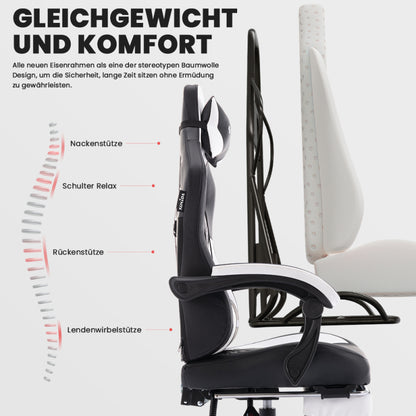 Gaming Stuhl, Ergonomischer Gaming-Stuhl mit Fußstütze, Racing Gaming Chair Kopfstütze Verstellbarer Computerstuhl Höhenverstellbar Lendenwirbelstütze für Homeoffice und Gaming Schwarz