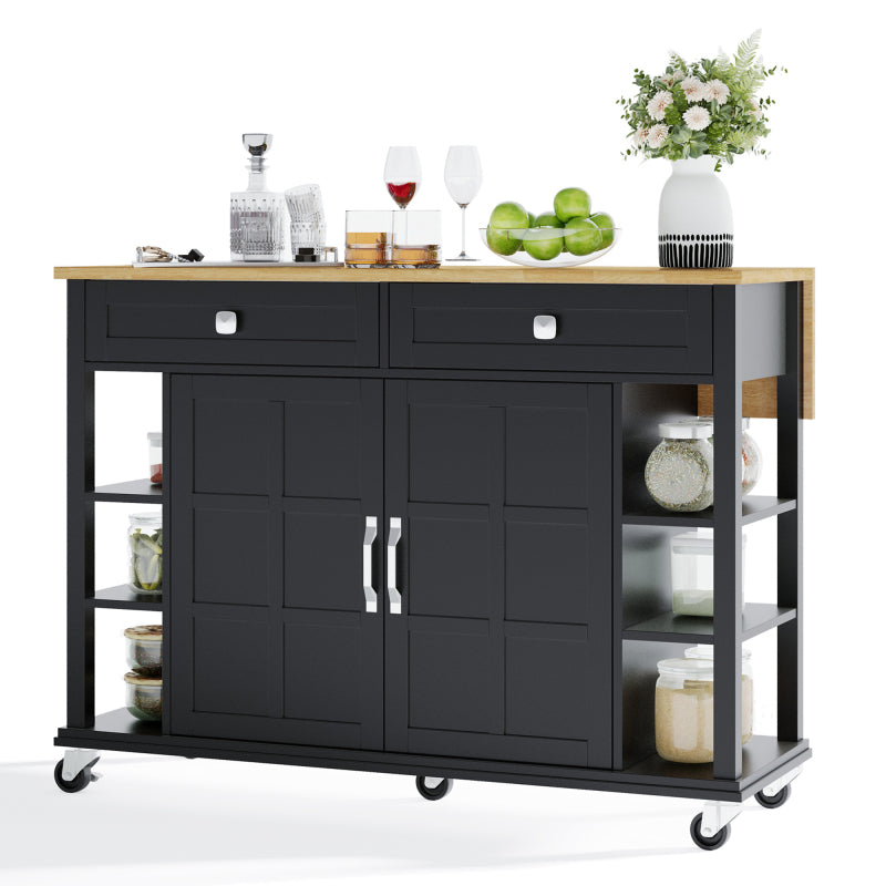 Multifunktionaler Küchenwagen mit klappbarer Arbeitsplatte, 120×65 cm erweiterbar, 2 Schubladen, geräumige Aufbewahrung, auf Rollen – Stilvoller Servierwagen für Küche, Esszimmer & Wohnzimmer