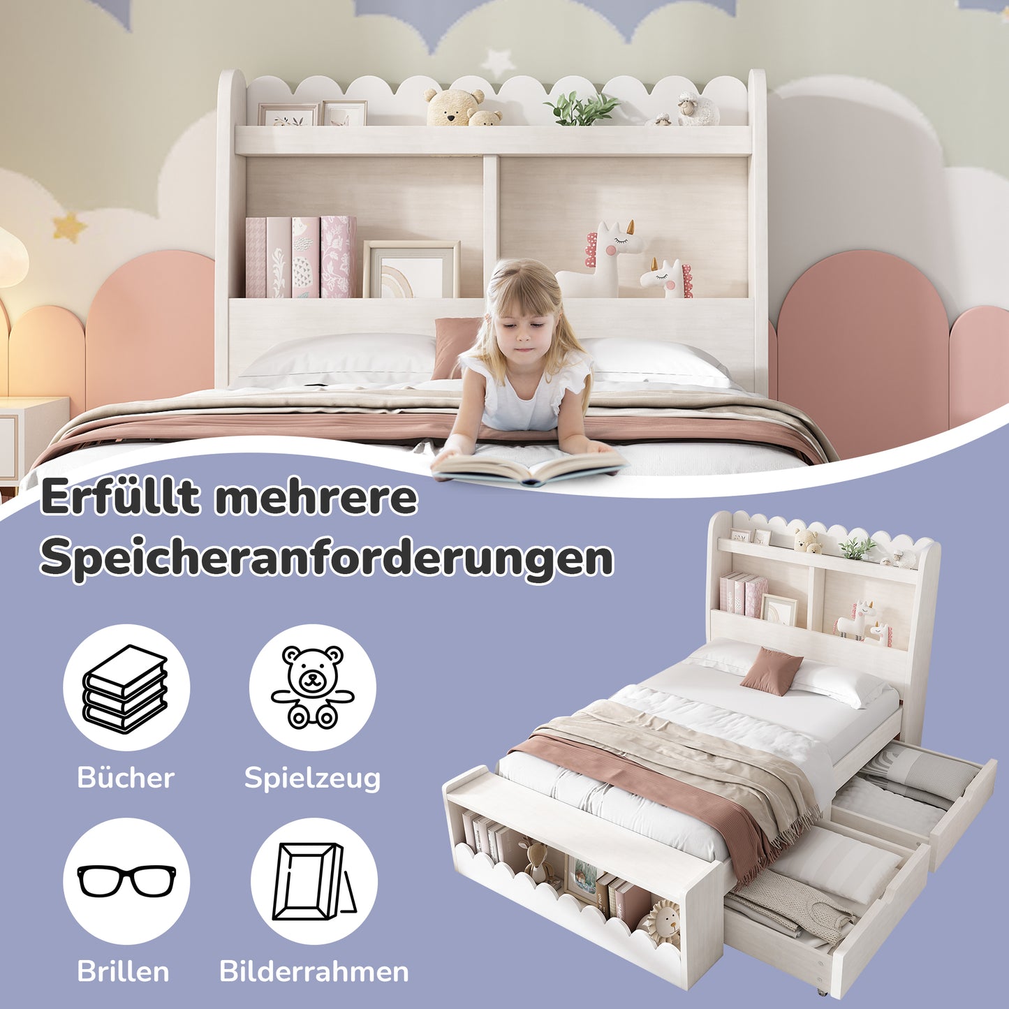 Kinderbett Einzelbett Stauraumbett mit Schubladen, Regal und Sitzbank mit Stauraum, Holzbett 90x200 cm, Weiß mit Eichefarben (Ohne Matratze)