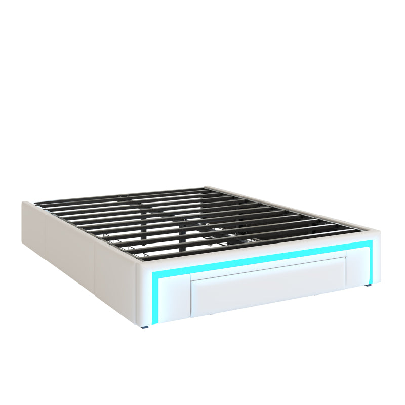 Bettgestell 140X200 mit Schubladen, PU-Leder Bett ohne Kopfteil Mit LED-Lichtleiste, MetalllattenPlattformbett für moderne Schlafzimmer Beige